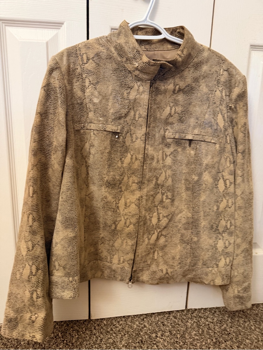 Alfani Taupe Snake-Print Zip-Front Leather Jacket
